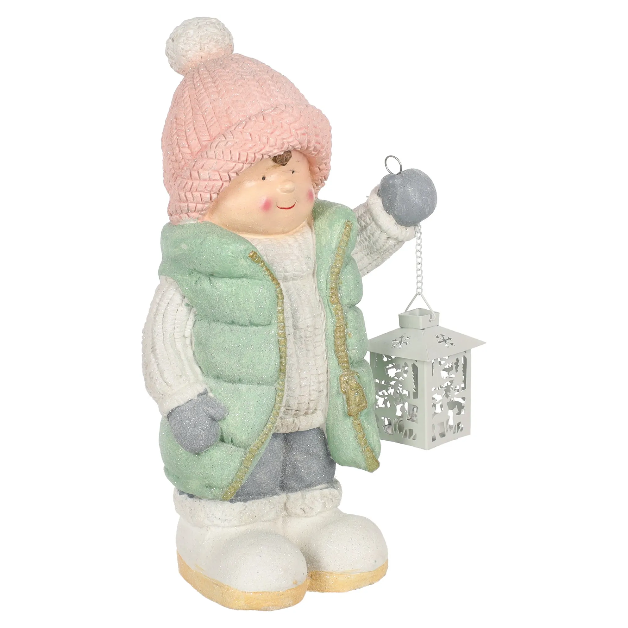 Kerstdecoratie>Beeld kind groen lantaarn 43 cm