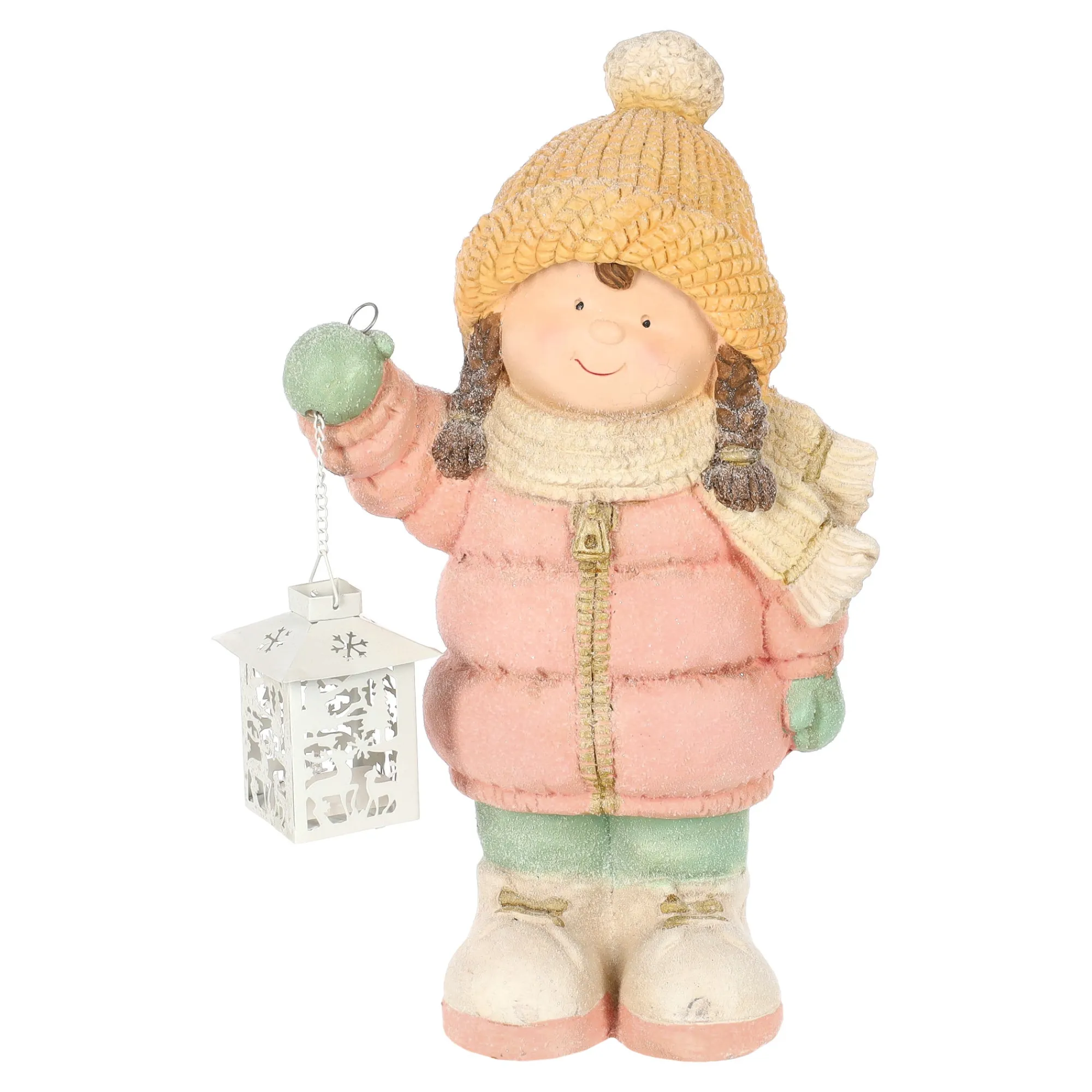 Kerstdecoratie>Beeld kind roze lantaarn 43 cm