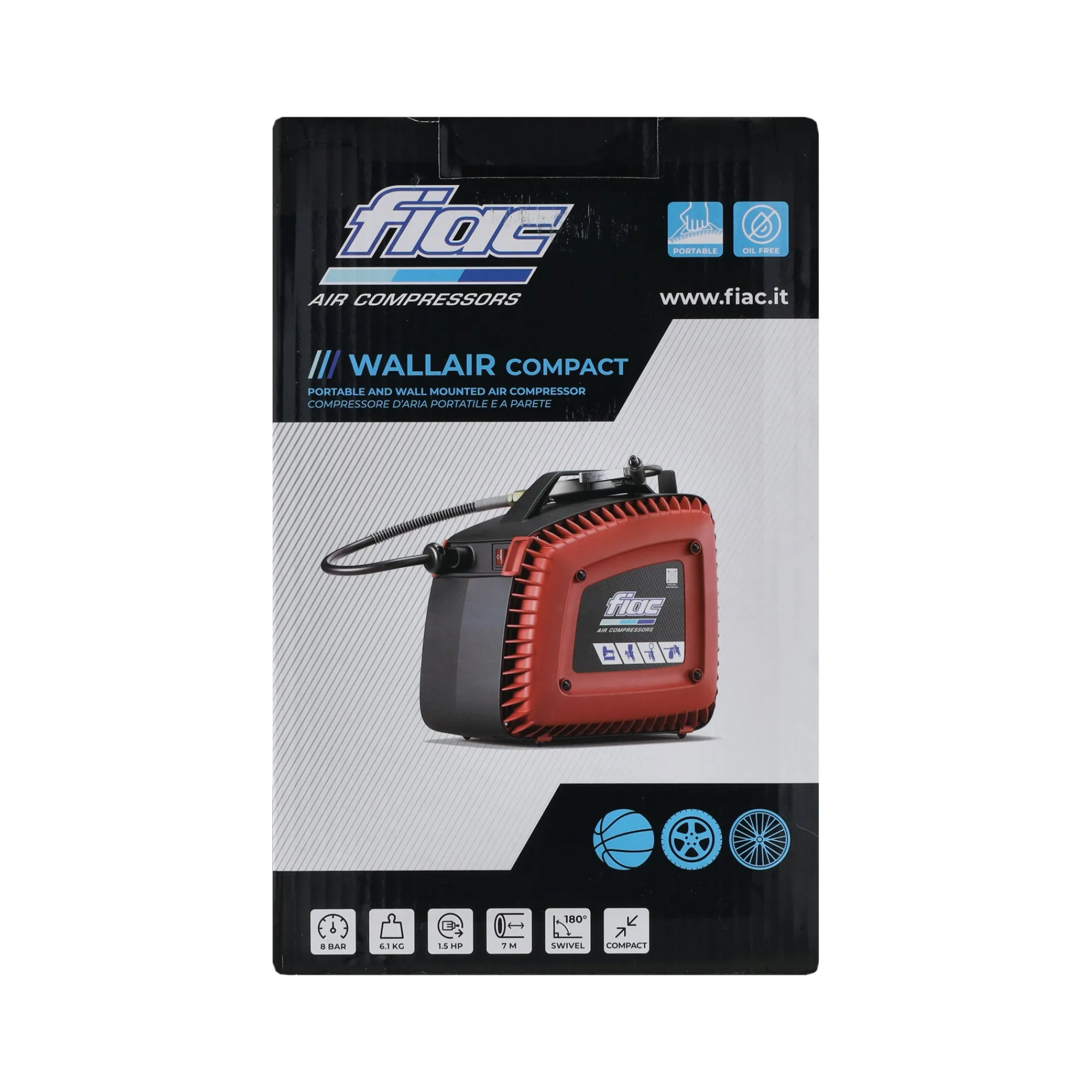 Fiac Werkplaatsgereedschap>Compressor 1,5pk met slanghaspel 7m.
