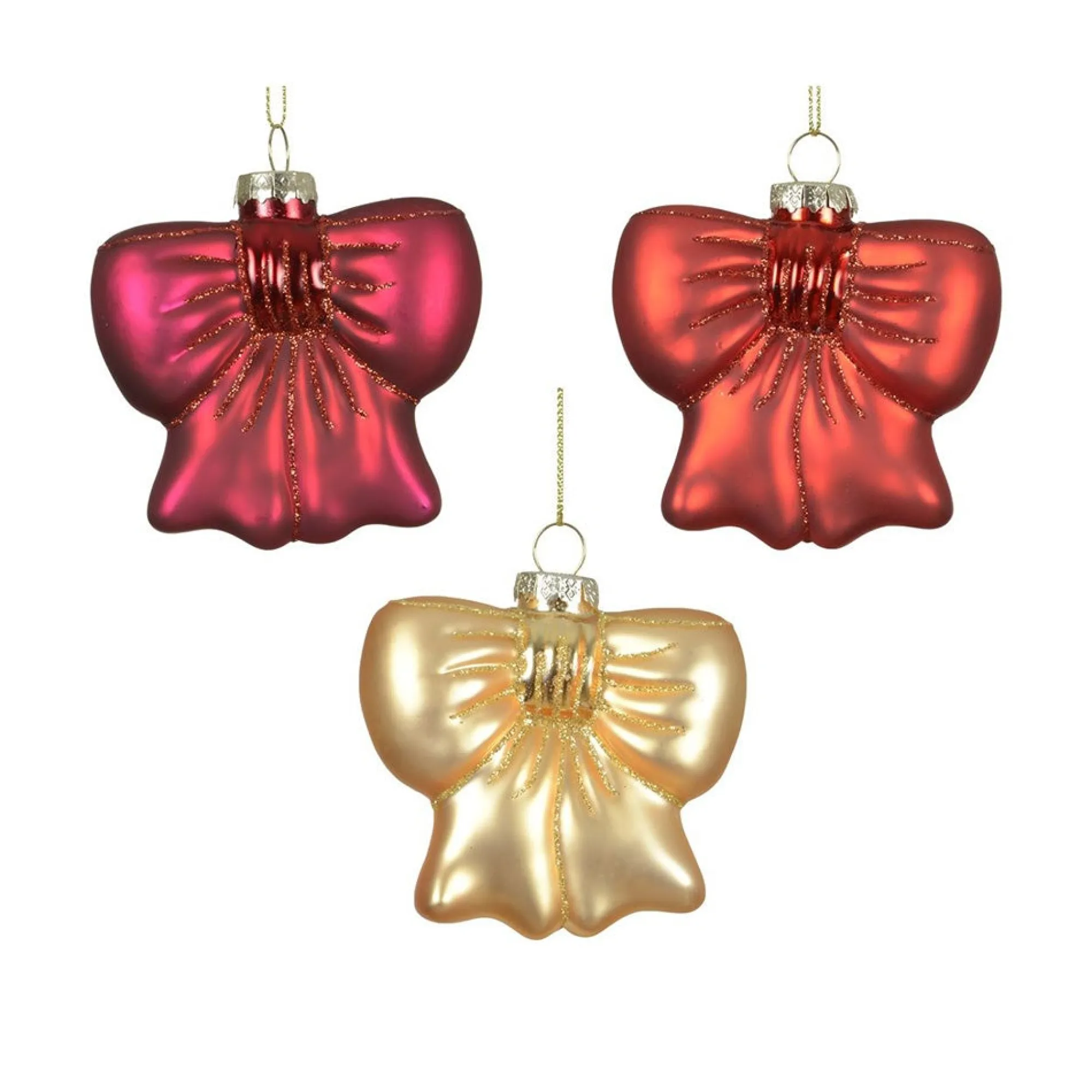 Kerstdecoratie|Kerstballen>Hanger glas strik roze rood 8 cm