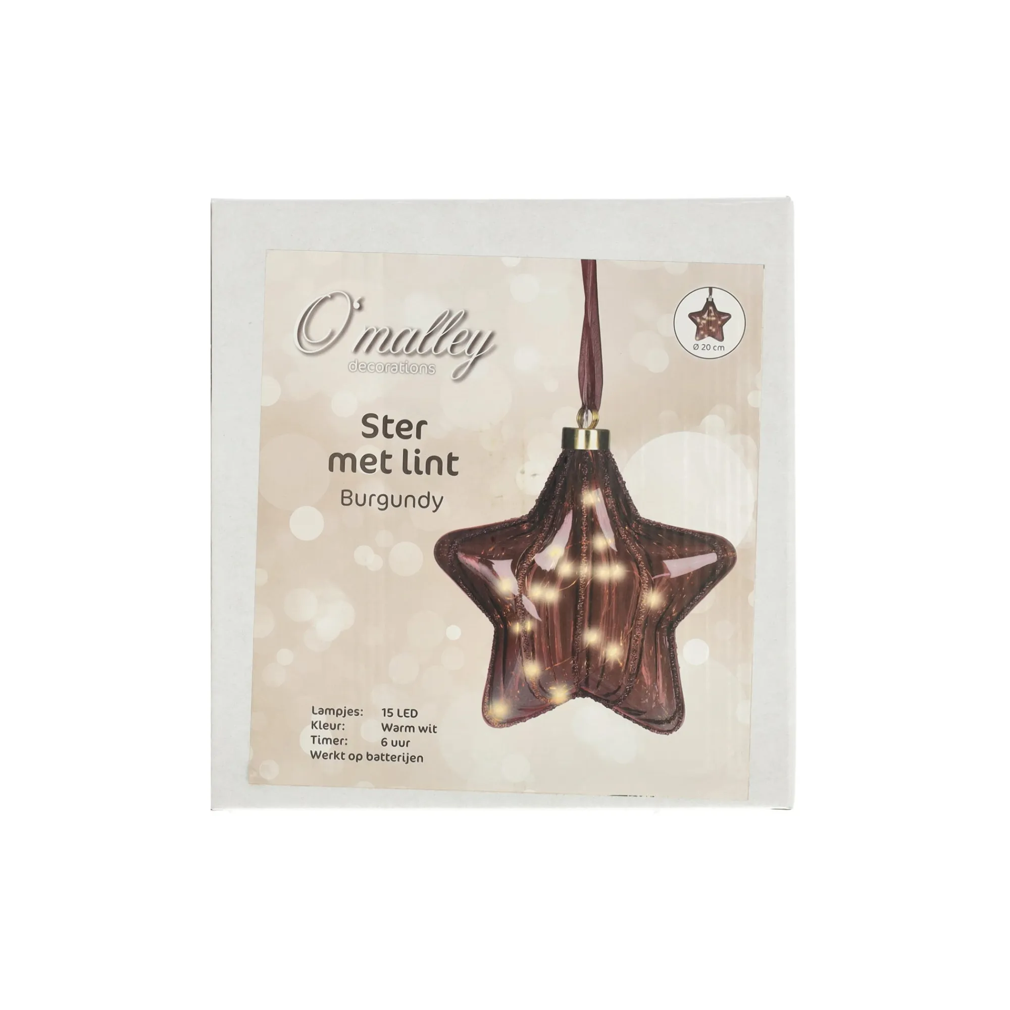 O'malley Kerstdecoratie|Kerstballen>Ster met lint burgundy 20 cm 15 LED-warm wit